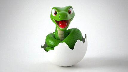 A vibrant, cartoonish green snake with a playful expression emerging from a cracked white eggshell, showcasing a fun and whimsical style.