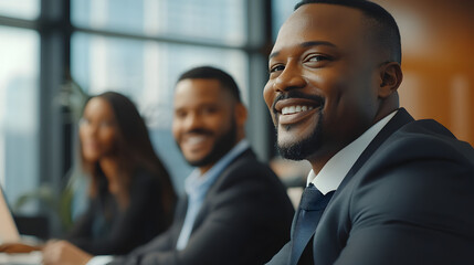 Fototapeta premium Smiling Business Team: Professionals Collaborating in a Modern Office Environment. Diversity and Success.