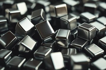 Obraz premium Neodymium cubes arranged in a scattered pile showcasing metallic luster and geometric shapes
