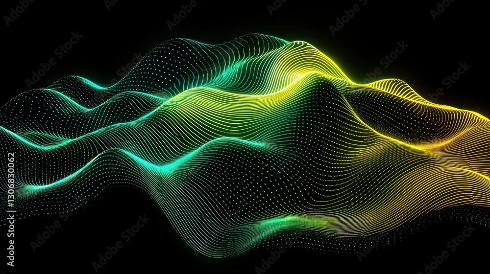 Poster abstract digital landscape showing luminous data waves on a black background