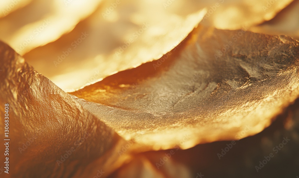 Aufkleber close-up of textured gold foil paper with intricate creases illuminated by soft light emphasizing it