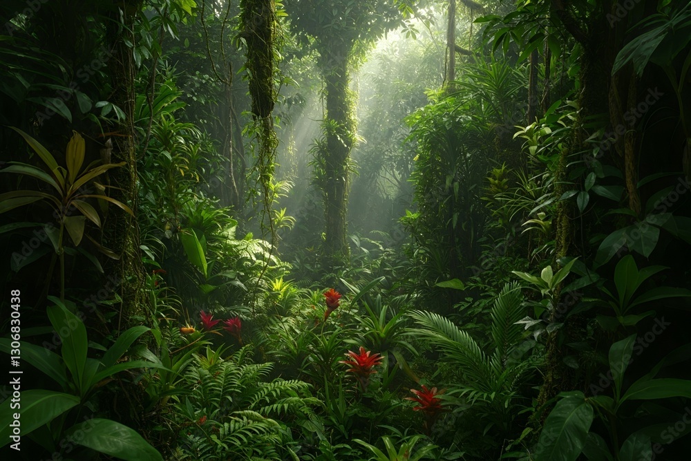 Poster lush rainforest path filled with vibrant greenery and scattered red flowers, illuminated by soft, da