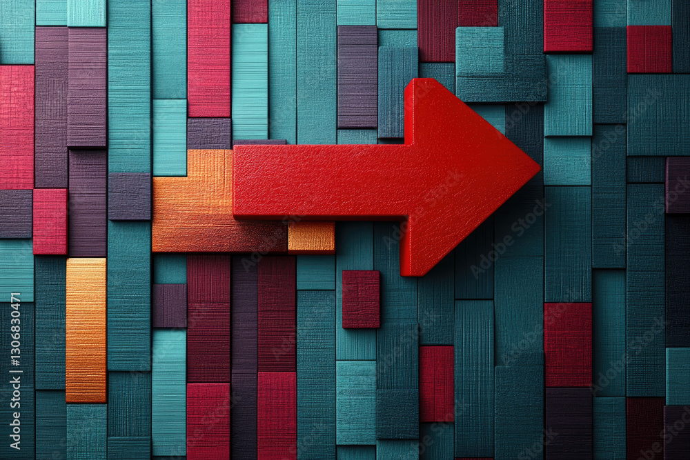 Poster red arrow intersecting colorful statistical diagrams in finance strategies stock market increase and