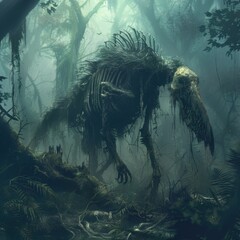 Mysterious Skeleton Creature in Foggy Forest Environment