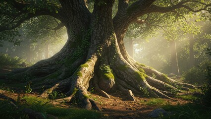 Fototapeta premium Majestic tree with sprawling roots in tranquil forest, sunlight filtering through leaves creates serene atmosphere