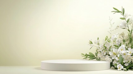 Elegant floral arrangement with white flowers and greenery on a pale background with pedestal.