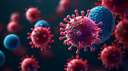 Red and Blue Virus Under Microscope in Close-Up
