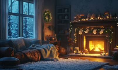 Cozy winter living room with a glowing fireplace, soft blankets, and holiday decor creating a warm and inviting space