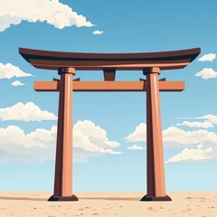 A serene torii gate stands against a clear blue sky with fluffy clouds, symbolizing peace