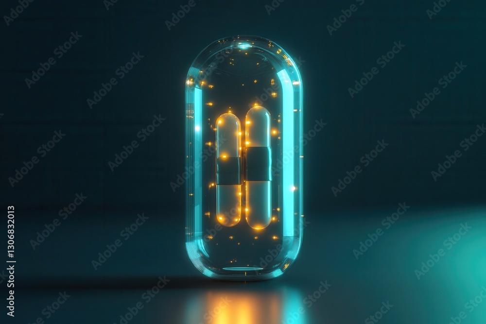 Poster Futuristic transparent pill bottle features glowing capsules in a cyberpunk design showcasing high tech aesthetics and golden ratio Generative AI