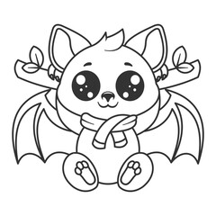 Cute bat hanging from a tree branch, for coloring
