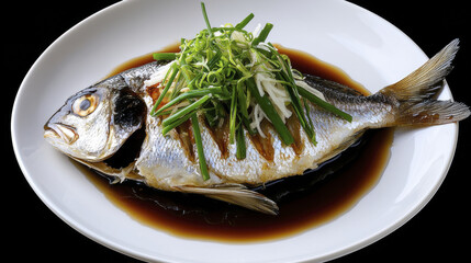 Delicious grilled fish garnished with green onions in soy sauce
