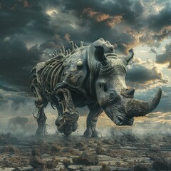 Fototapeta premium Distressed Rhinoceros with Exposed Bones in Dramatic Landscape