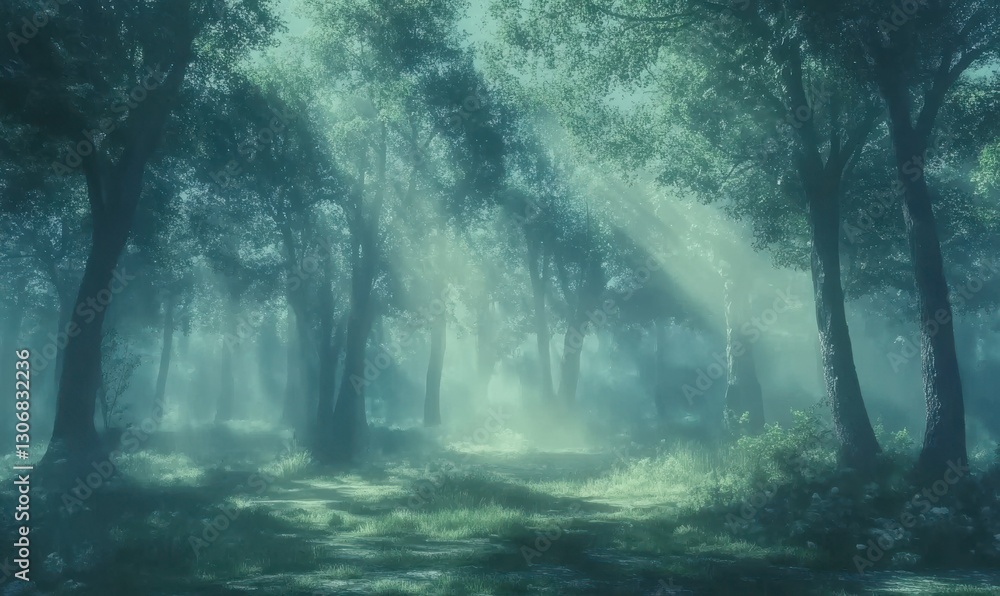 Poster dense fog rolling through a mystical forest, soft light filtering through tall trees, creating a moo