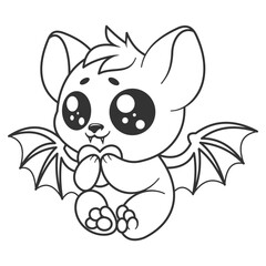 Cute bat sitting holding heart, for coloring