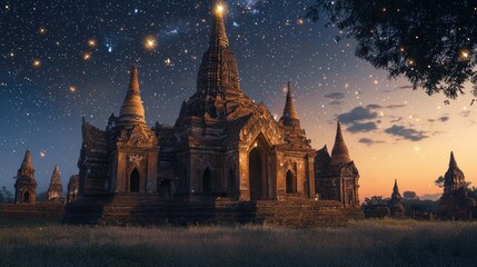 Fototapeta premium Ancient temple at night, stars, sunset.