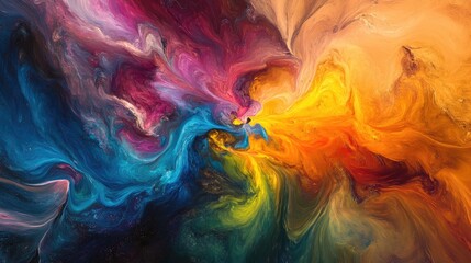 Fototapeta premium Abstract swirl of colorful waves blending yellow, red, blue, and green tones in a dynamic and vibrant composition. Digital art illustration with a fluid, energetic design. Generative AI