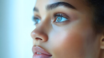 Close-Up of a Woman with Beautiful Eyes and Radiant Skin her thoughtful expression and captivating features.