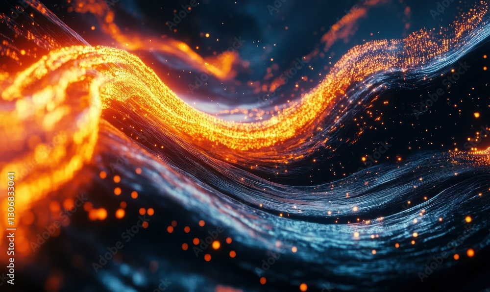 Poster dynamic abstract waves of orange and black illuminated by glowing light creating a bold and futurist