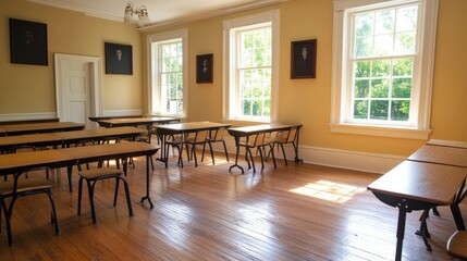 Fototapeta premium A warm and inviting classroom space featuring classic wooden floors and traditional desks
