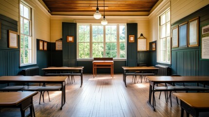 A warm and inviting classroom space featuring classic wooden floors and traditional desks