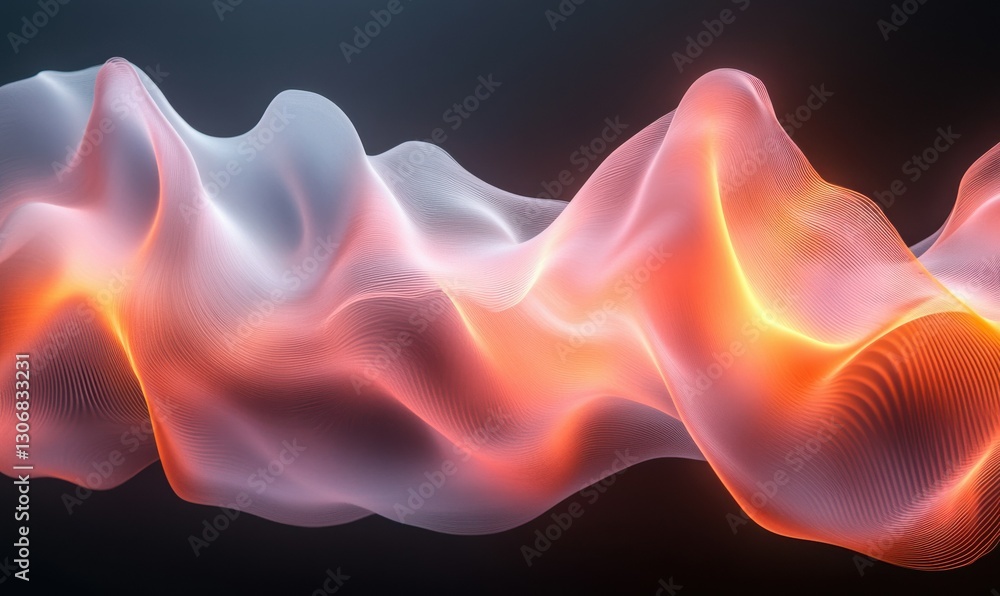 Poster dynamic flowing pink and orange neon wave textures illuminated by gradient light forming a futuristi
