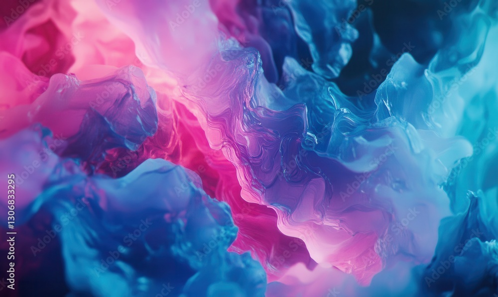 Poster dynamic glowing blue and pink wave-like textures illuminated by gradient light creating a bold and f