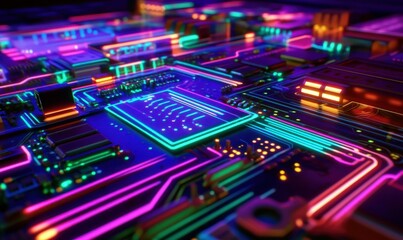 Obraz premium Dynamic futuristic glowing circuitry illuminated by vibrant neon light forming a bold and innovative tech-inspired design .