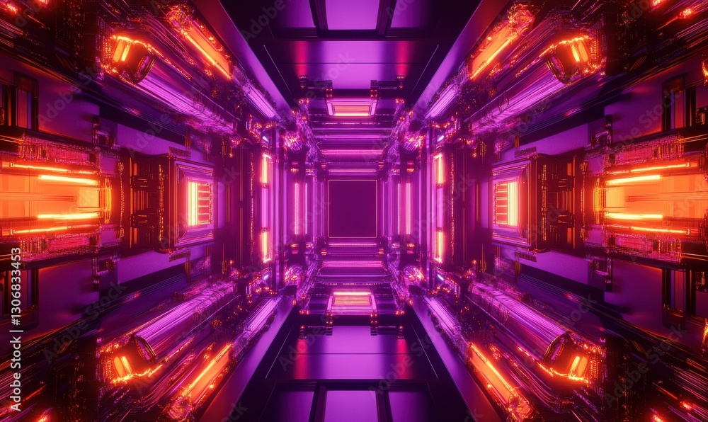 Poster dynamic glowing purple and red circuits illuminated by vibrant light creating a futuristic and bold 