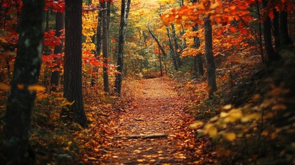 Obraz premium Pathway through a forest with trees and leaves in vibrant red, orange, and yellow autumn colors. Warm sunlight filters through creating a picturesque fall landscape. Generative AI