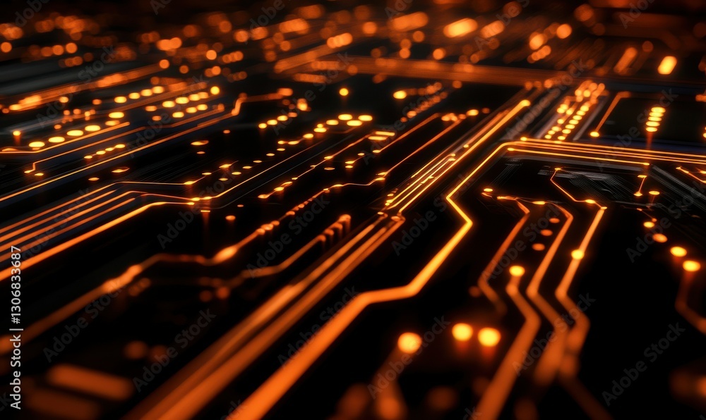 Poster dynamic perspective of glowing futuristic digital circuits forming symmetrical lines on a sleek blac