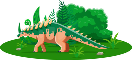 Cartoon dinosaur Polacanthus or prehistoric lizard in Jurassic forest, vector dino character. Prehistoric Polacanthus dinosaur or spine spike lizard for kids paleontology atlas or dino era museum