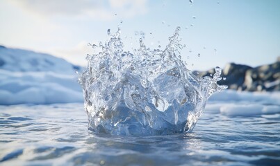 Dynamic splash of water frozen mid-air, with crystal-clear clarity and soft blue hues creating a refreshing and energetic visual .