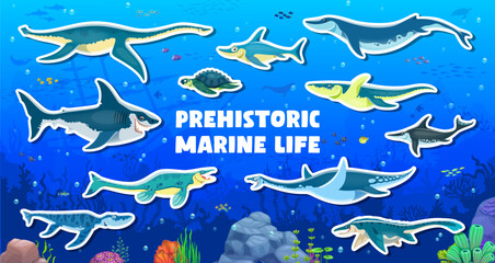 Prehistoric underwater dinosaurs stickers pack of aquatic reptiles, vector poster for museum. Prehistoric sea dinosaurs and ocean underwater reptiles for kids dino atlas or paleontology encyclopedia