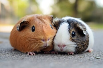 Two guinea pigs sitting on pavement in outdoor setting