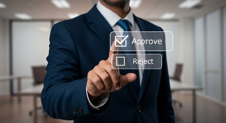 Business Professional Engages in Decision-Making With Virtual Approval Options in a Modern Office Environment