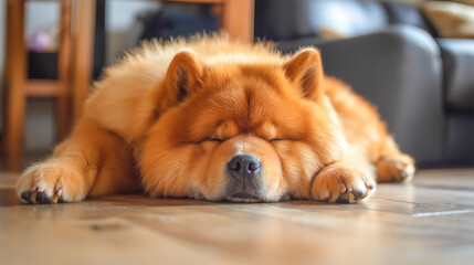 Sleepy chow chow dog resting comfortably on wooden floor in cozy living room