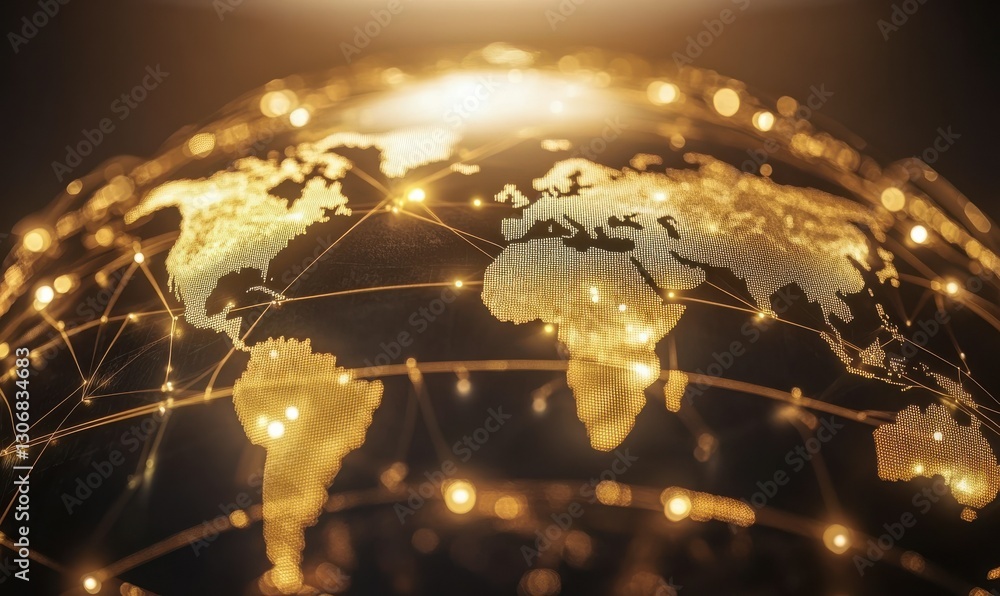 Poster elegant digital globe surrounded by glowing lines and nodes illuminated by ambient light symbolizing