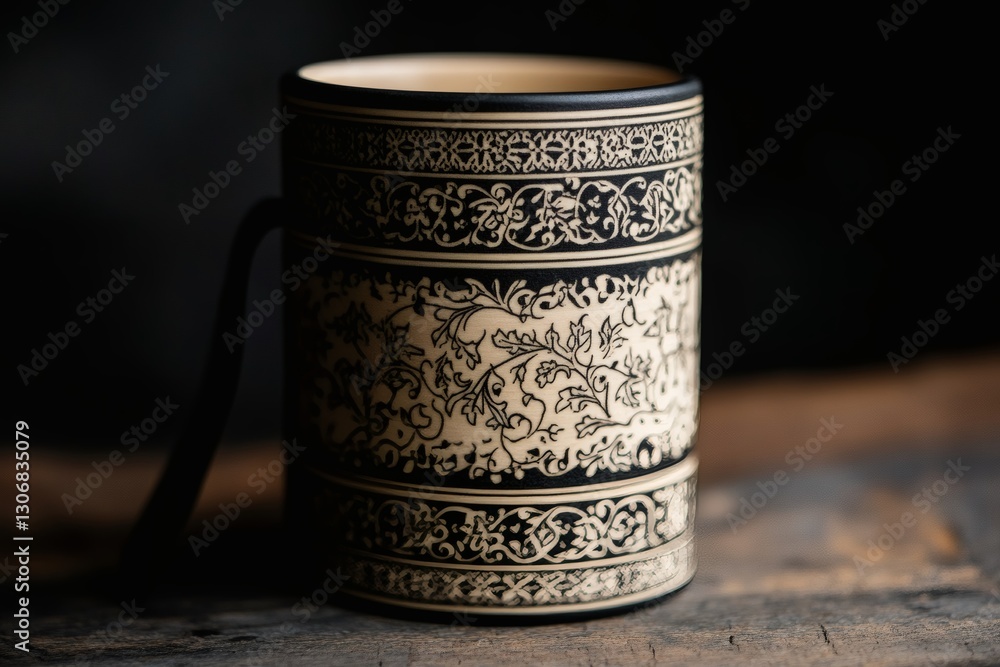 Poster intricately designed ceramic mug resting on a rustic wooden surface in warm ambient light generative