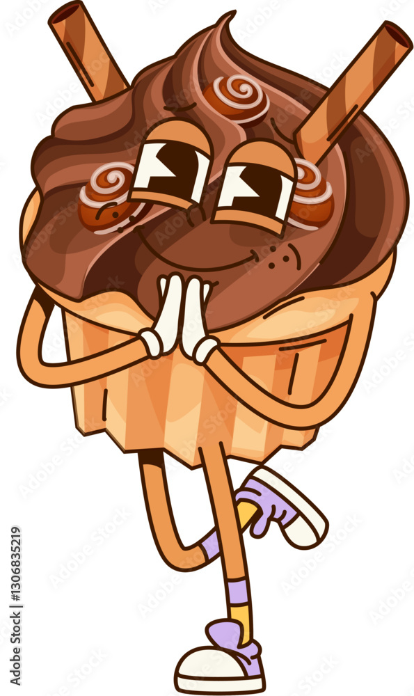 Poster funny groovy cake dessert character with swirled chocolate frosting and wafer sticks. isolated vecto
