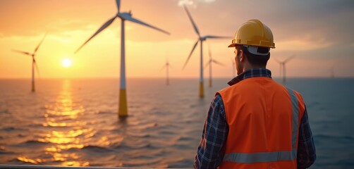 Rear view of worker observing wind turbines at sunset. Man in orange jacket, hard hat look at ocean, windmills. Engineer controls alternative eco energy, power generation at windfarm. Green energy