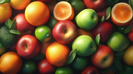 Colorful fruit assortment, overhead shot, vibrant background, healthy food imagery