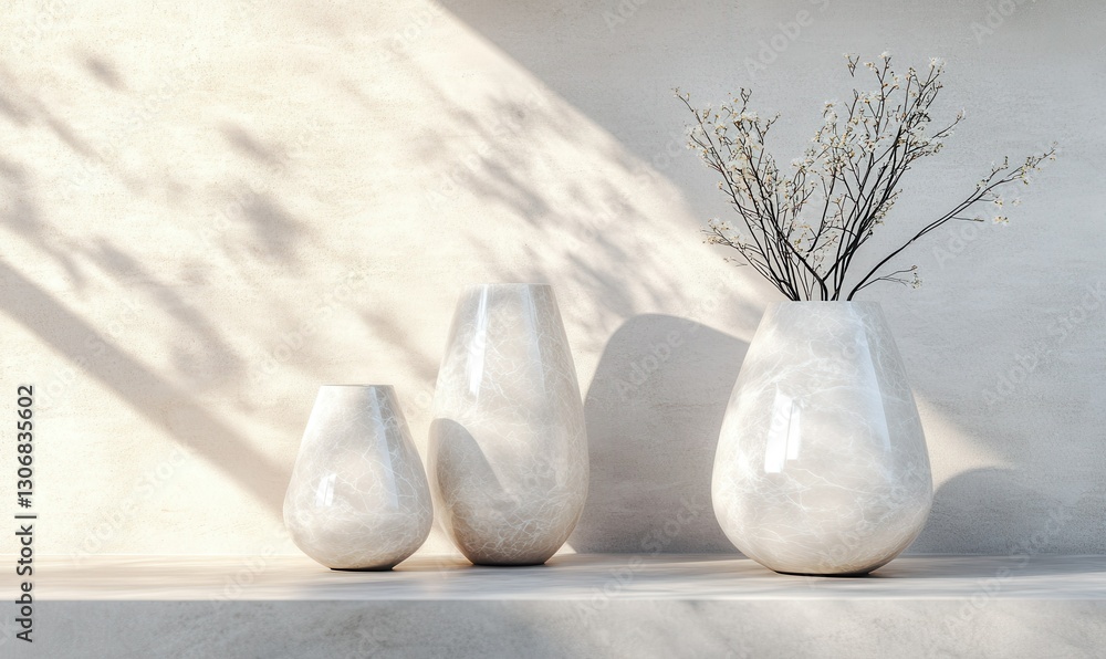 Poster elegant marble vases in neutral tones displayed on a modern shelf illuminated by diffused light crea