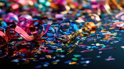 Close-up of shimmering metallic confetti and curled ribbons scattered across a reflective surface, emphasizing a festive mood with vibrant colors