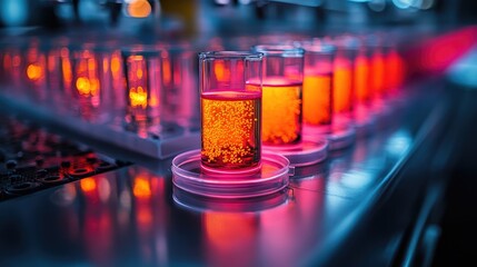 A clean lab environment focused on microbiology, with petri dishes under a UV light and bacterial colonies growing
