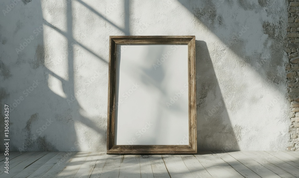 Poster empty rustic picture frame leaning against a textured white wall, with soft light creating depth and