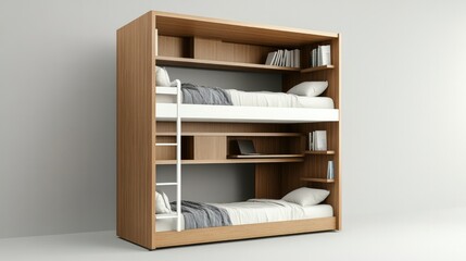 Compact bunk bed with built-in desk and shelves, perfect for student dorms and small apartments, isolated on gray