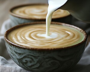 Milk Pouring into Bowl of Beige Porridge. Rustic