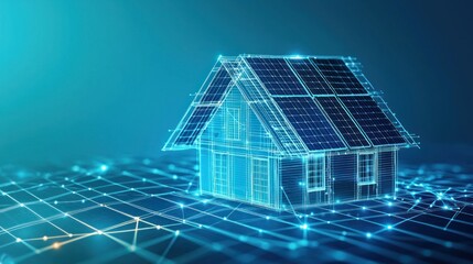 Wireframe house model with solar panels on a digital network.