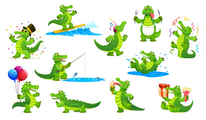 Cartoon green crocodile reptile characters set. Cheerful alligators surfing, fishing, eating ice cream, holding balloons, celebrating, listening music and relaxing, display fun and playful expressions